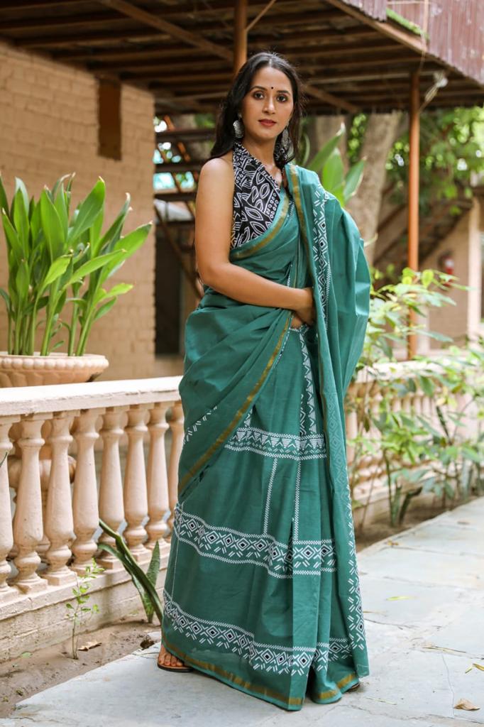 Sea green mulmul cotton saree