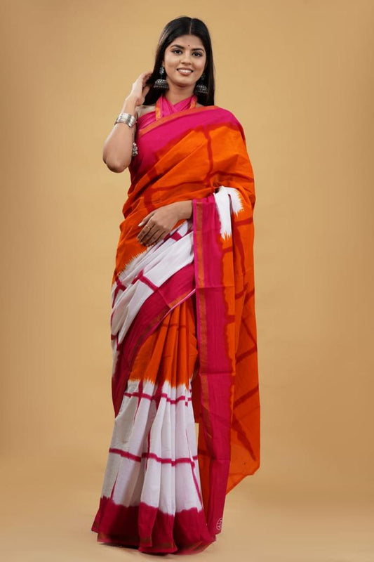 Shaded white and orange Mulmul Cotton Saree