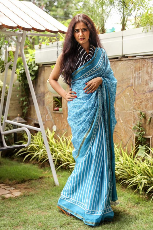 Sky blue floral mulmul cotton saree