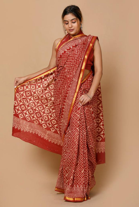 Brick red mulmul cotton saree 