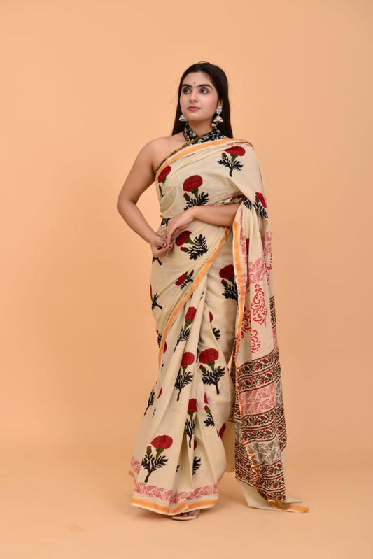 Cream Mulmul Zari Cotton saree