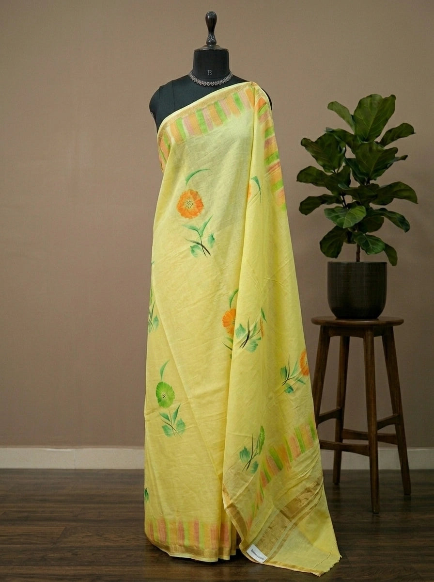 Soft Radiance Light Yellow Mulmul Zari Cotton Saree