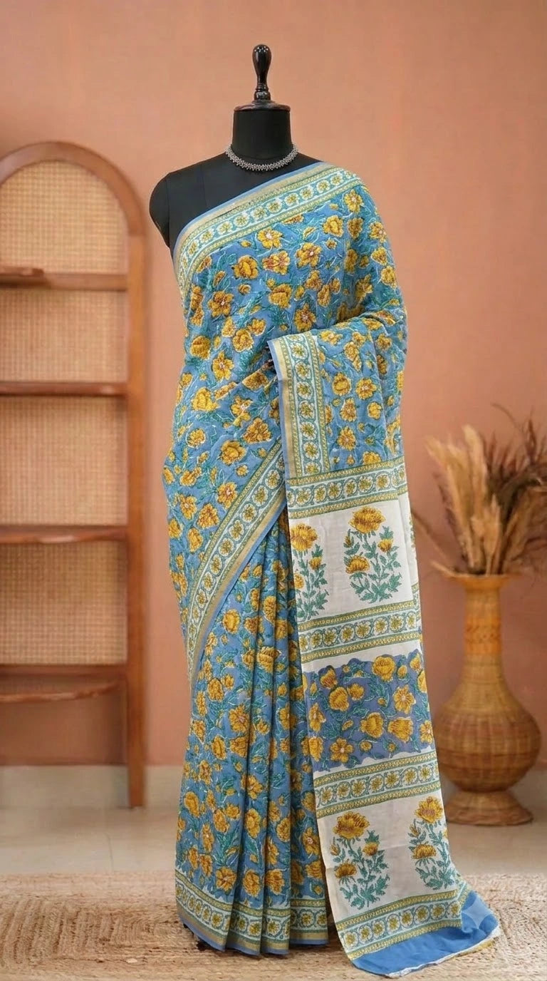 Soft Light Blue Mulmul Zari Cotton Saree