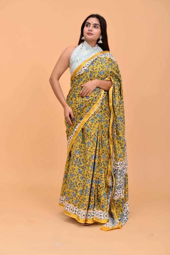 Mustard Yellow Mulmul Cotton saree 