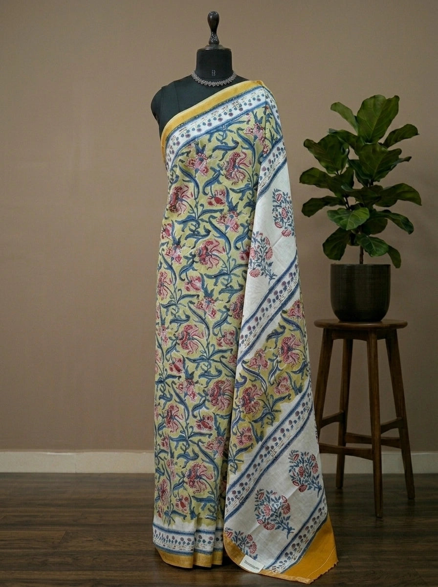 Pista Green Mulmul Zari Cotton Saree
