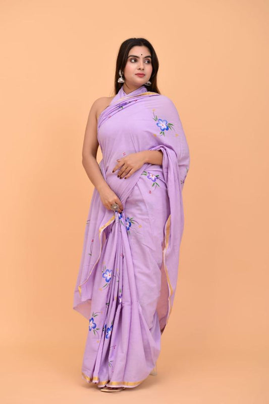 Lavender Mulmul Zari Cotton saree