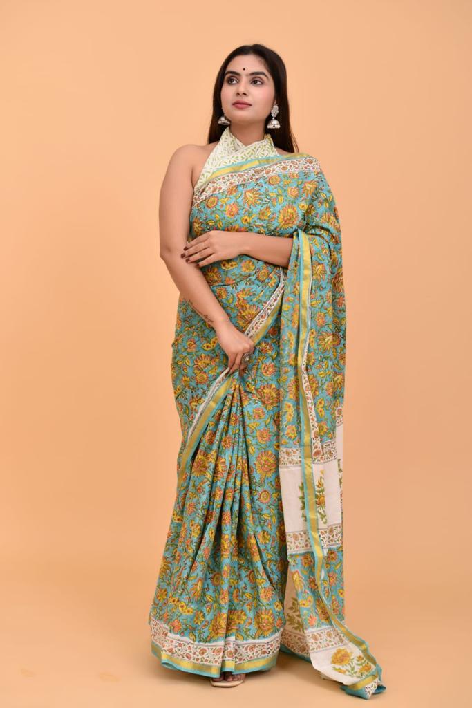 Elegant Sea Green Mulmul Zari Cotton Saree