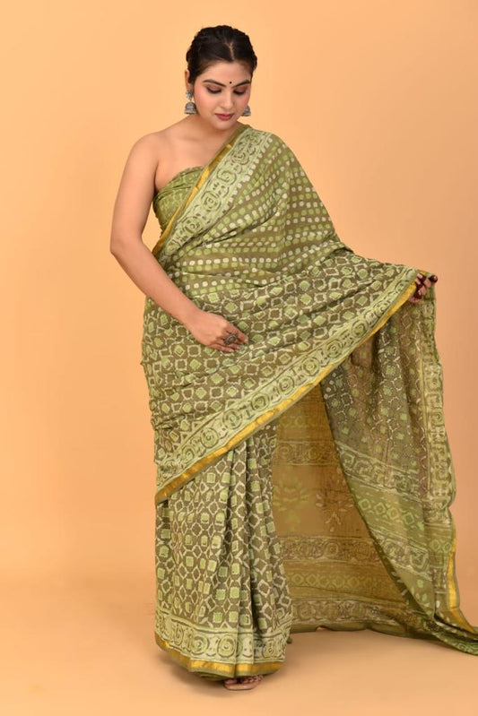 Olive Green Mulmul Cotton Saree