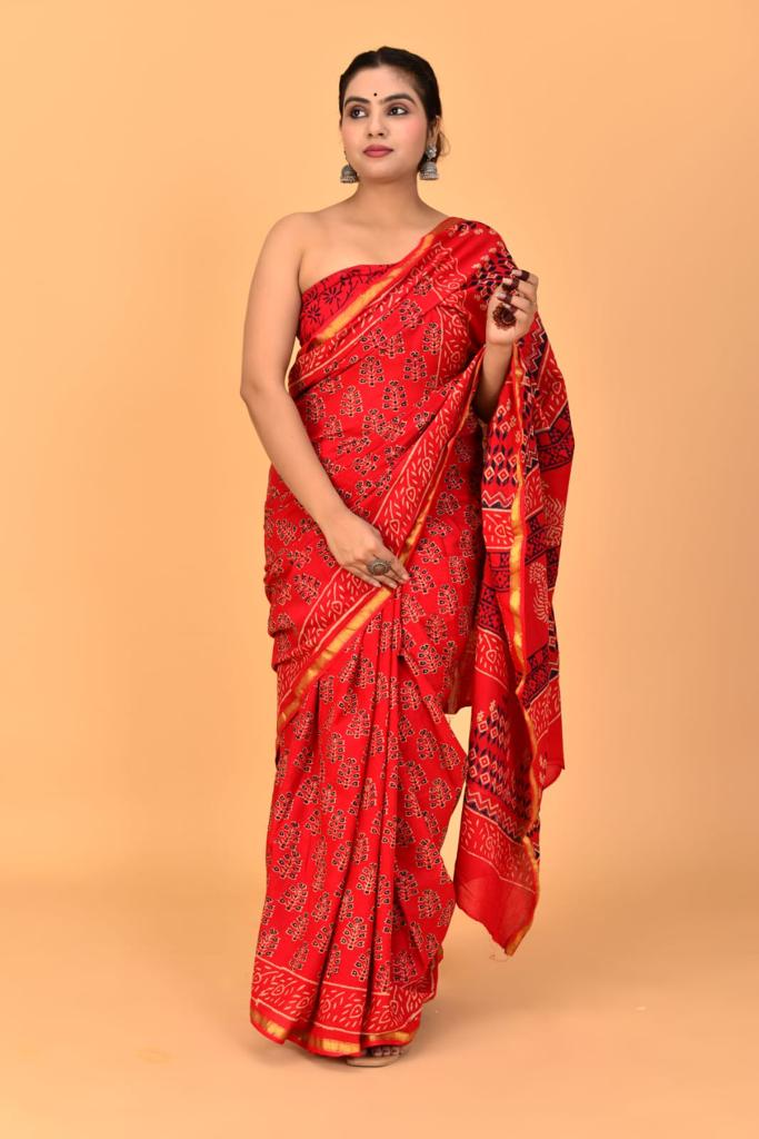 Tomato Red Mulmul Cotton Saree 