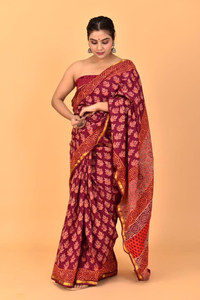 Luxury Maroon Mulmul Zari Cotton Saree