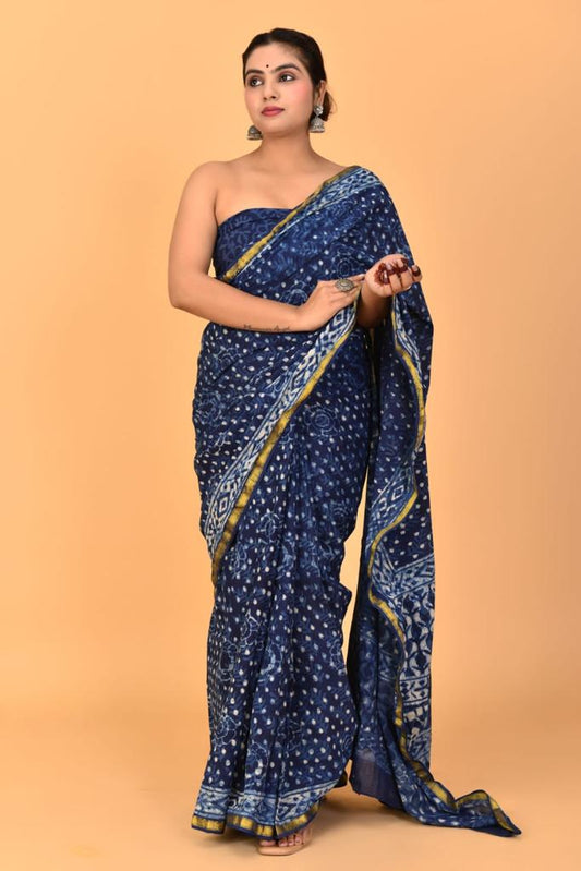 Indigo Mulmul Zari Cotton Saree