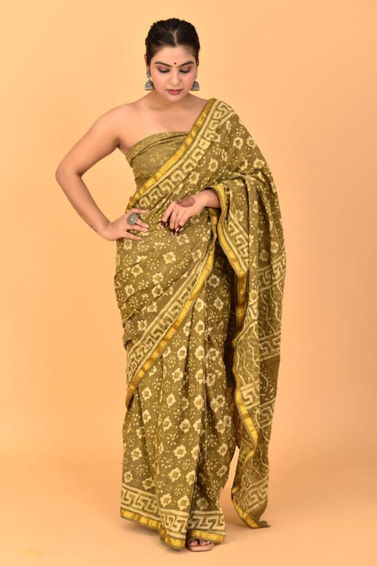 Olive Green Mulmul Zari Cotton Saree