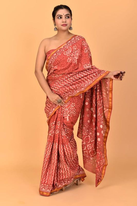 Brick Red Mulmul Cotton Saree