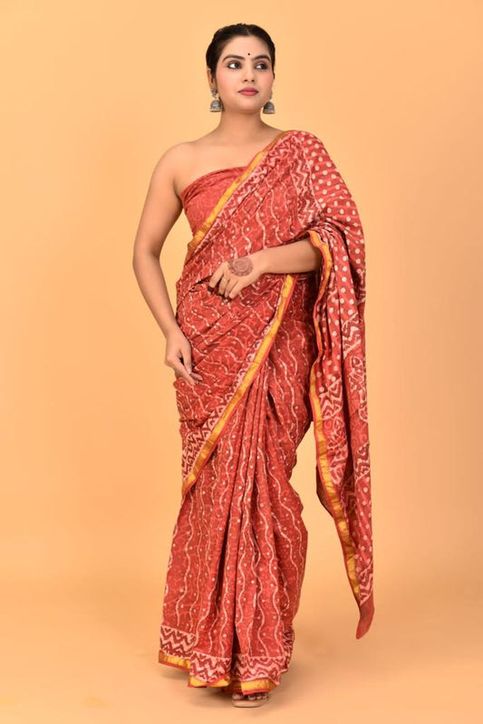 Brick Red Mulmul Cotton Saree 