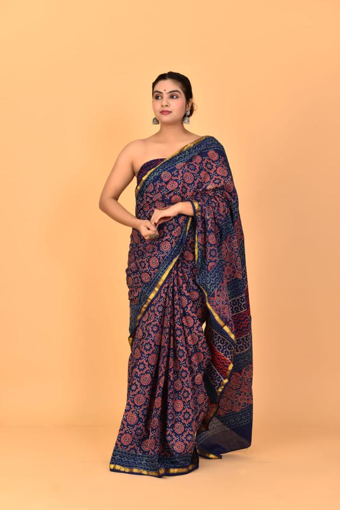 Navy Blue Mulmul Cotton Saree