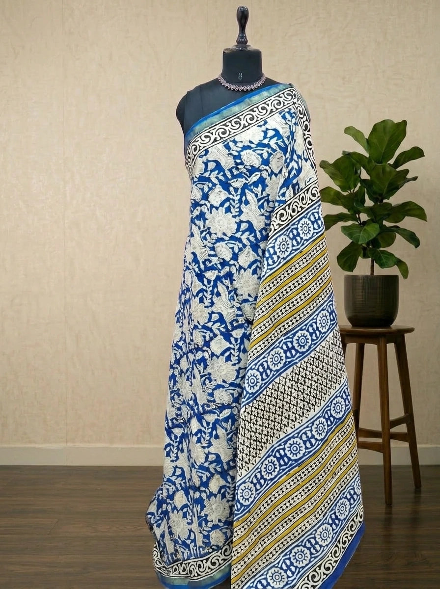Handloom Navy Blue Mulmul Zari Cotton Saree