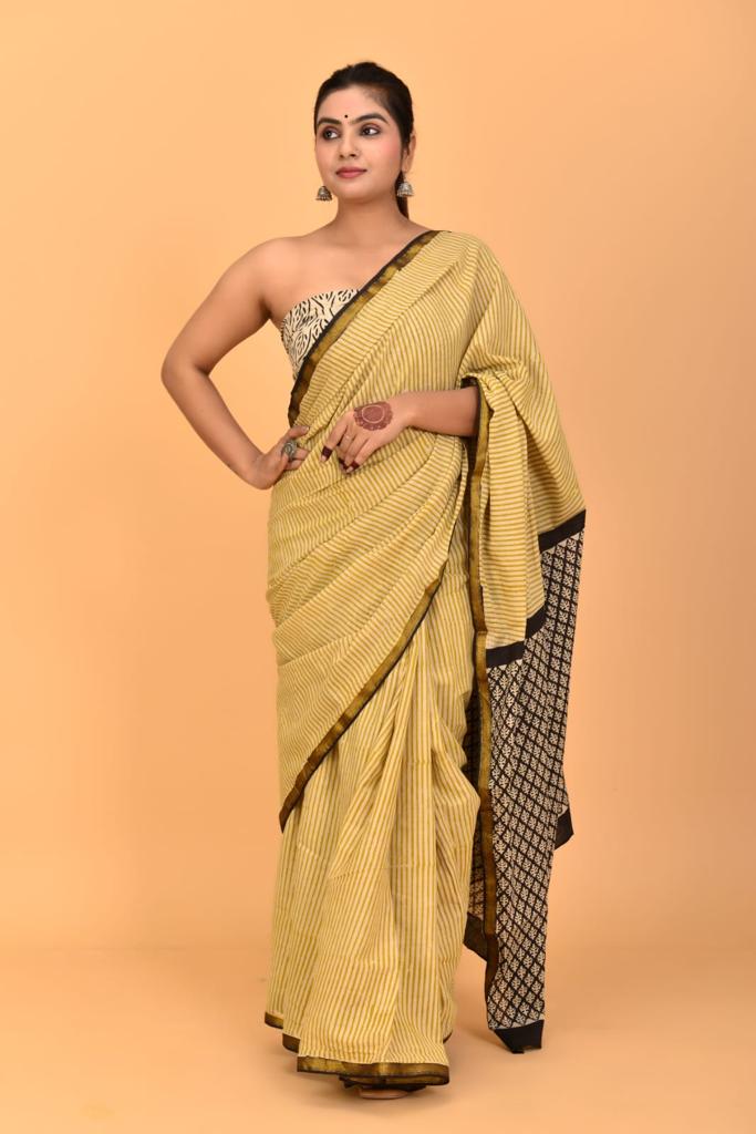 Cream Mulmul Cotton Saree