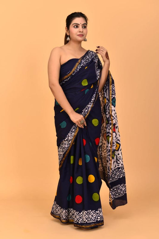 Navy Blue Mulmul Cotton Saree 