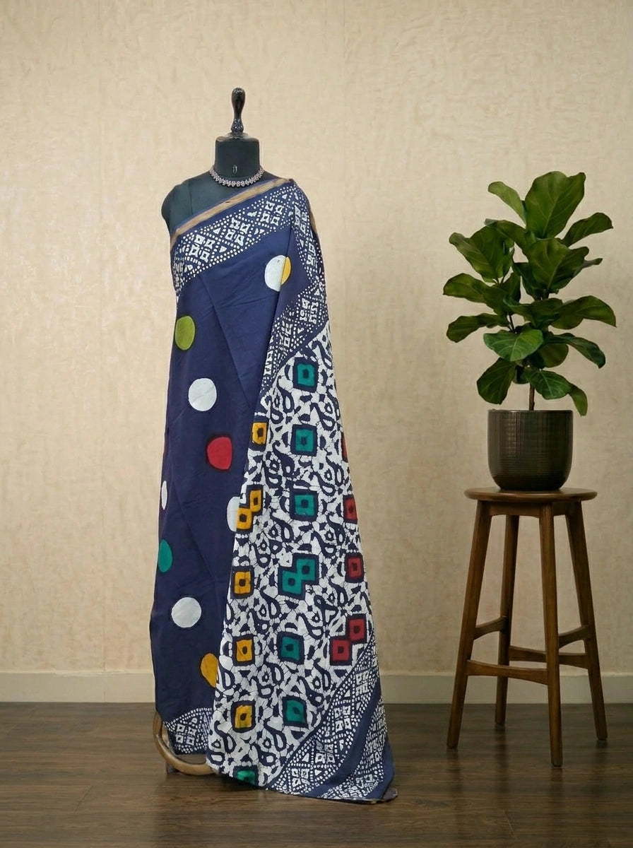Navy Blue Mulmul Zari Cotton Saree with Multicolor Polka Dots