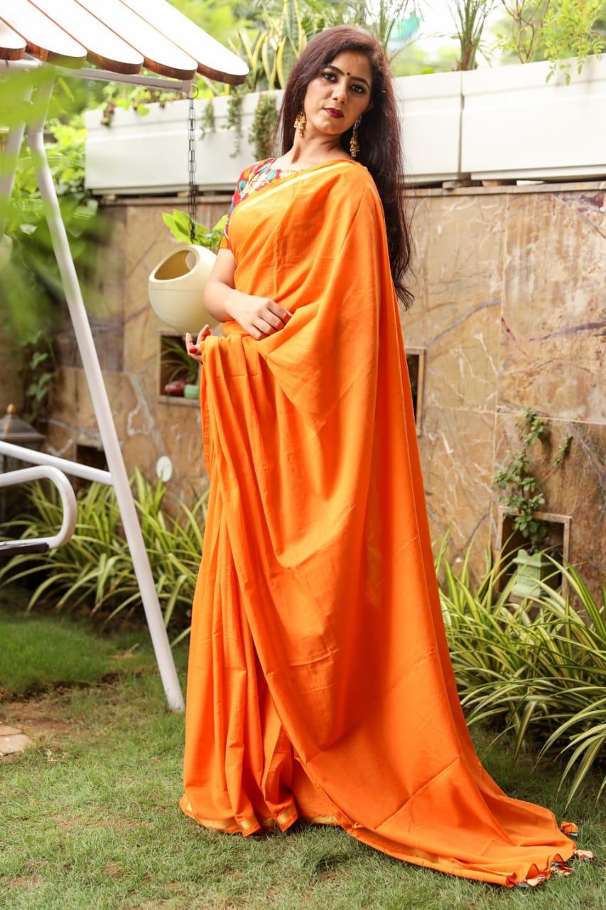 Orange Plain Mulmul Cotton Saree