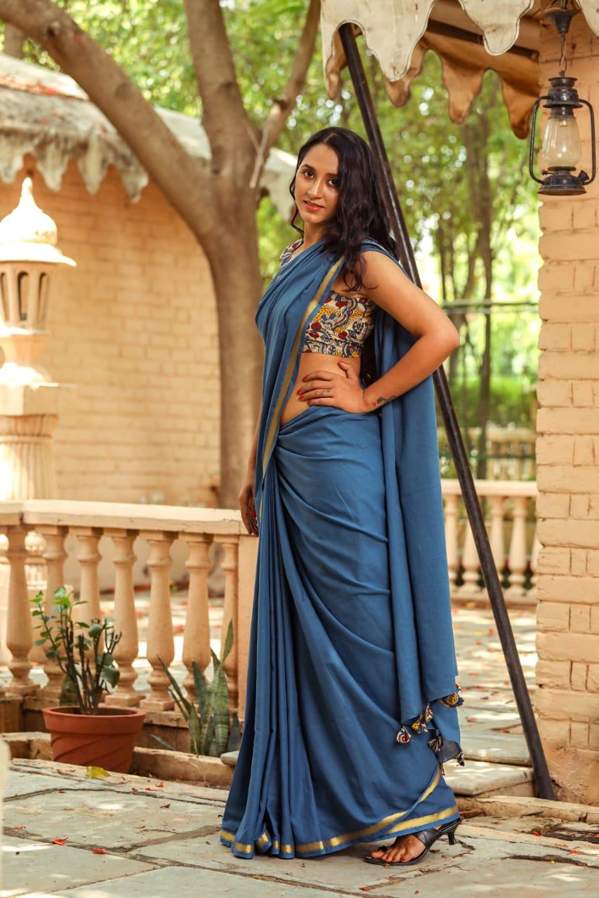 Blue Plain Mulmul Cotton Saree