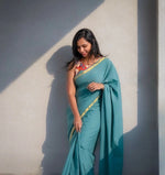 Teal Blue Plain Mulmul Zari Cotton Saree 7