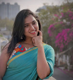 Teal Blue Plain Mulmul Zari Cotton Saree 7