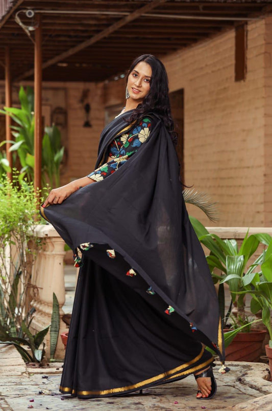 Black Plain Mulmul Cotton Saree