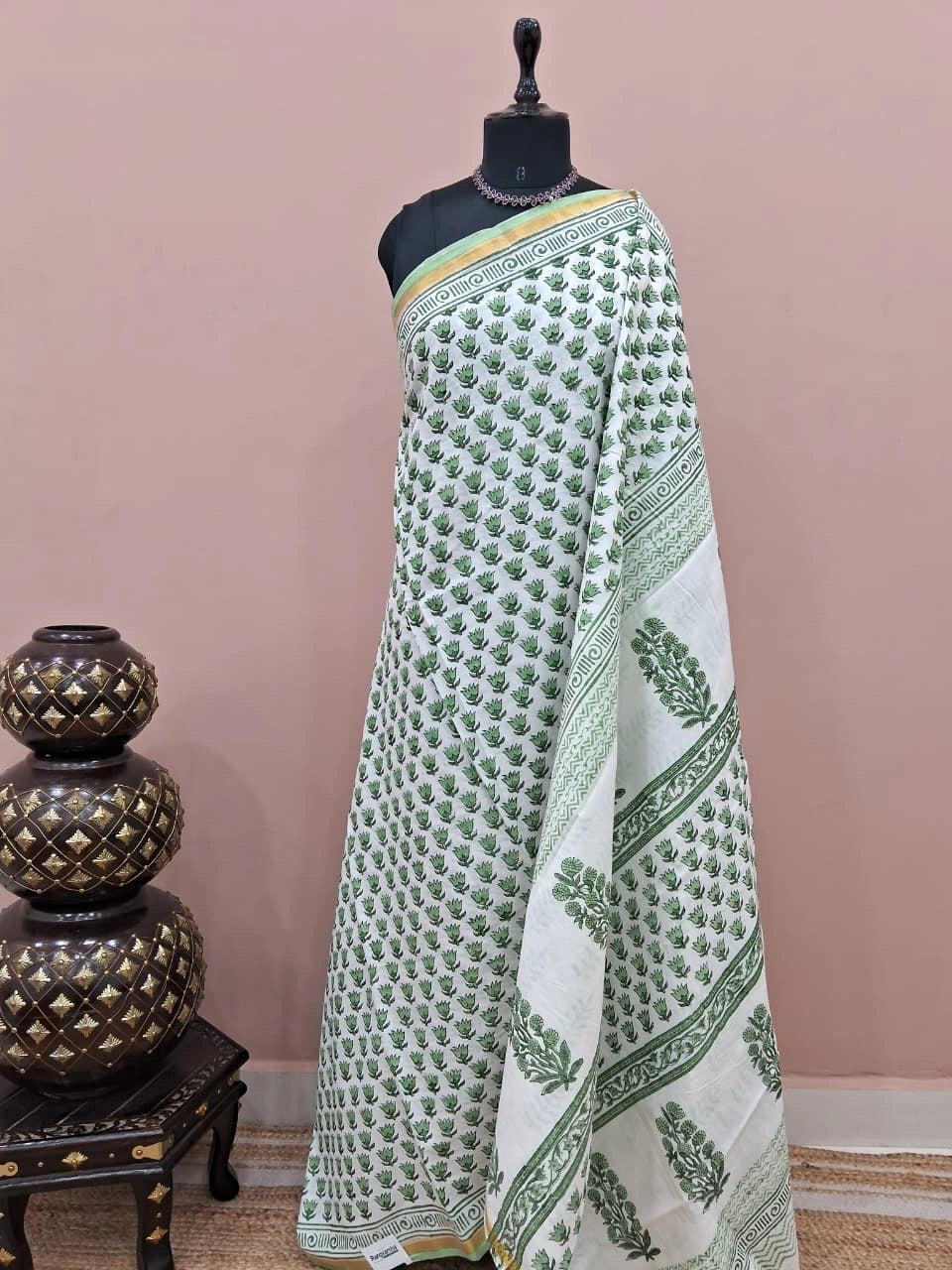 White & Sage Green Mulmul Zari Cotton Saree