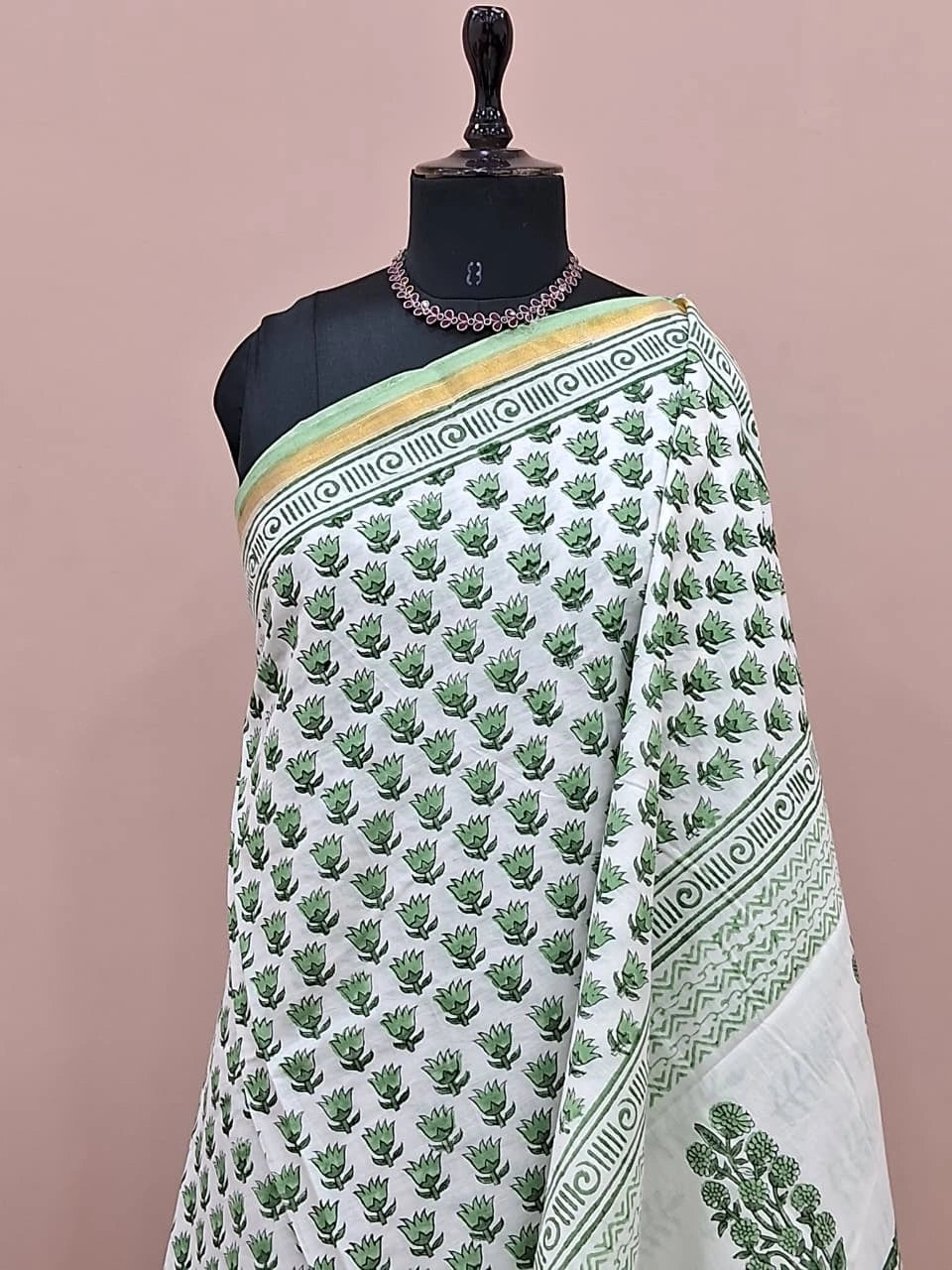 White & Sage Green Mulmul Zari Cotton Saree 1