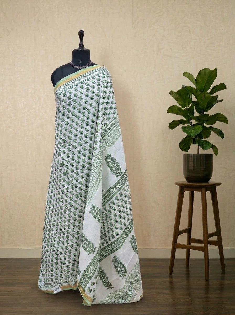 White & Sage Green Mulmul Zari Cotton Saree