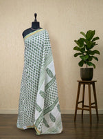 White & Sage Green Mulmul Zari Cotton Saree