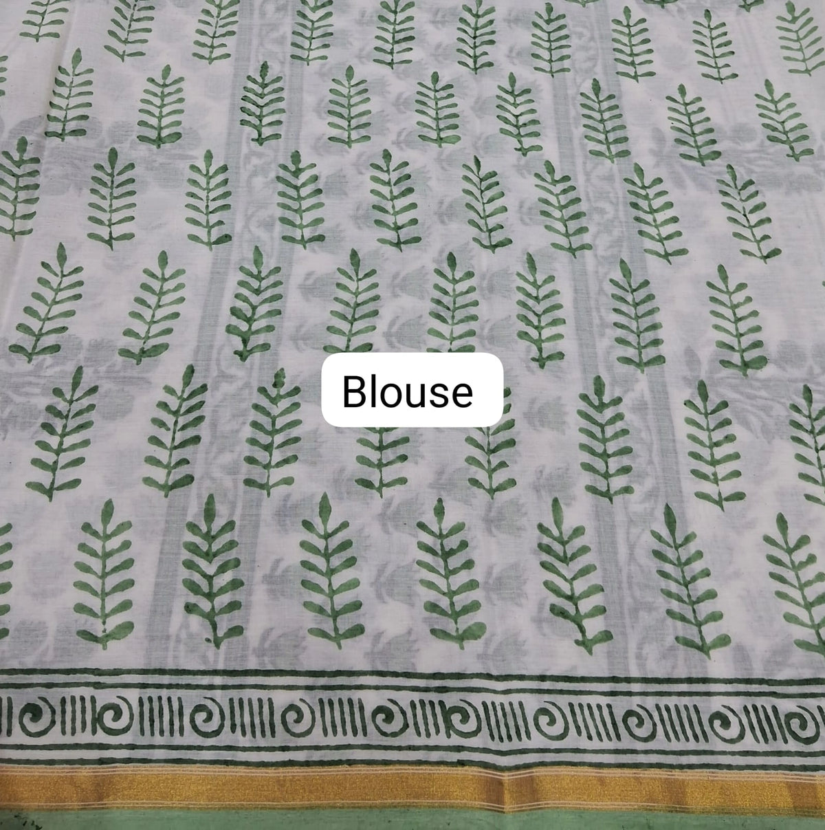 White & Sage Green Mulmul Zari Cotton Saree blouse