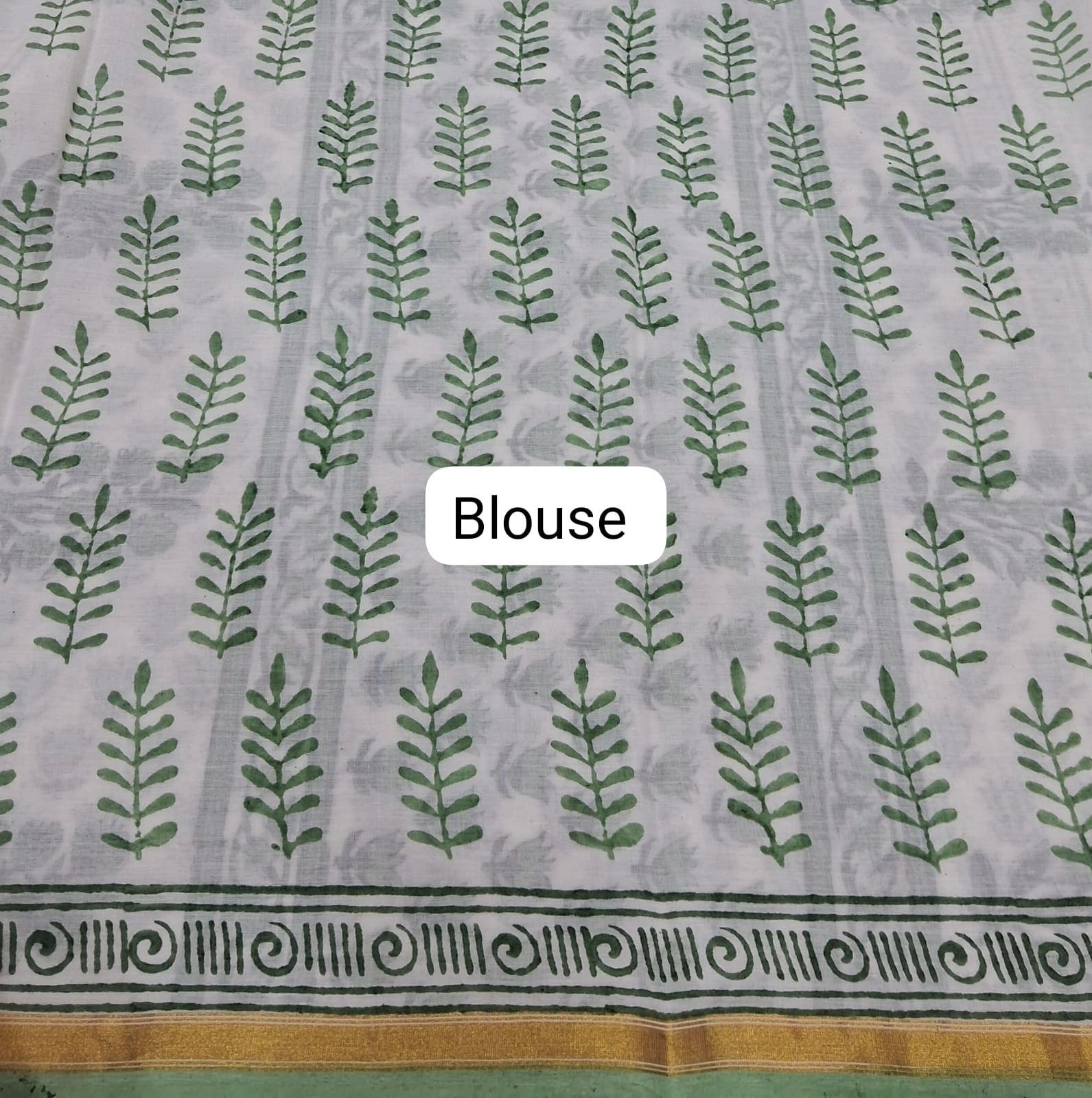 White & Sage Green Mulmul Zari Cotton Saree blouse