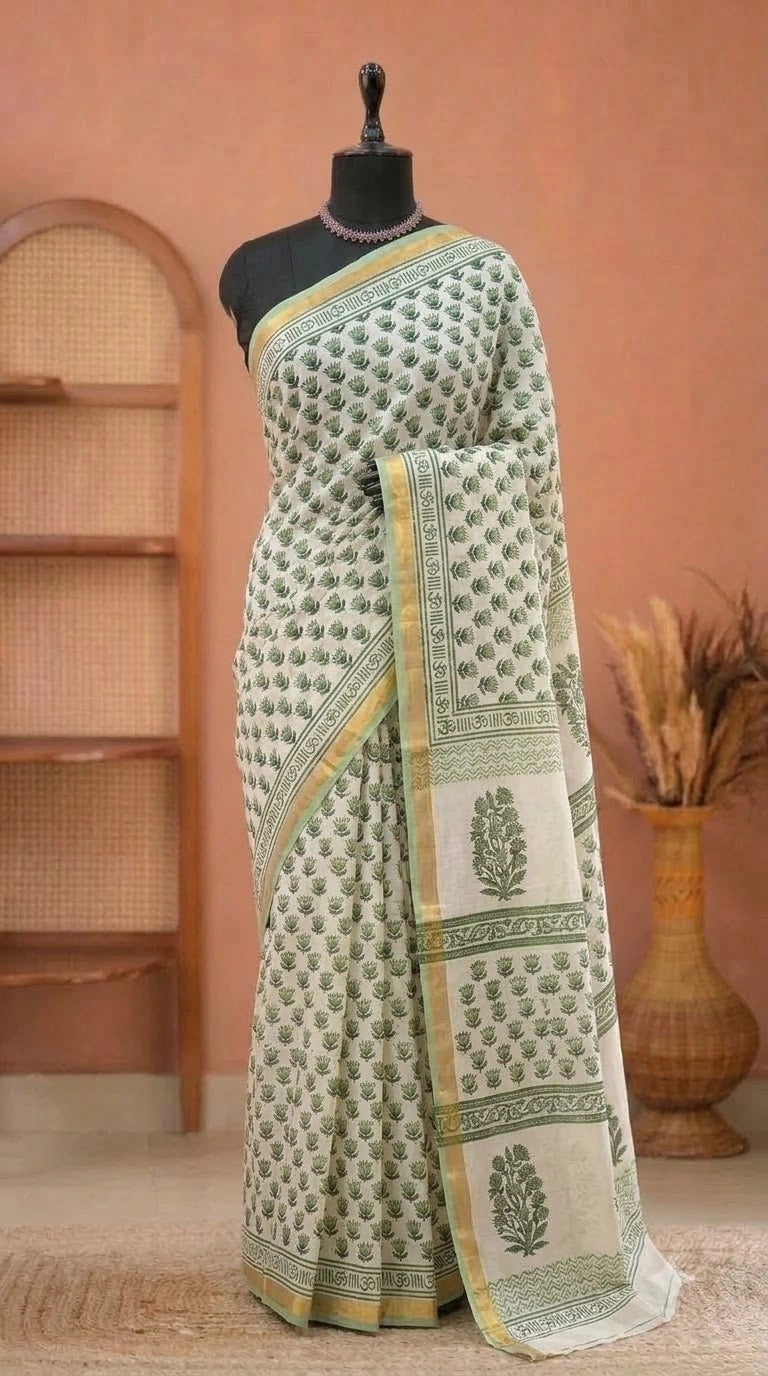 White & Sage Green Mulmul Zari Cotton Saree