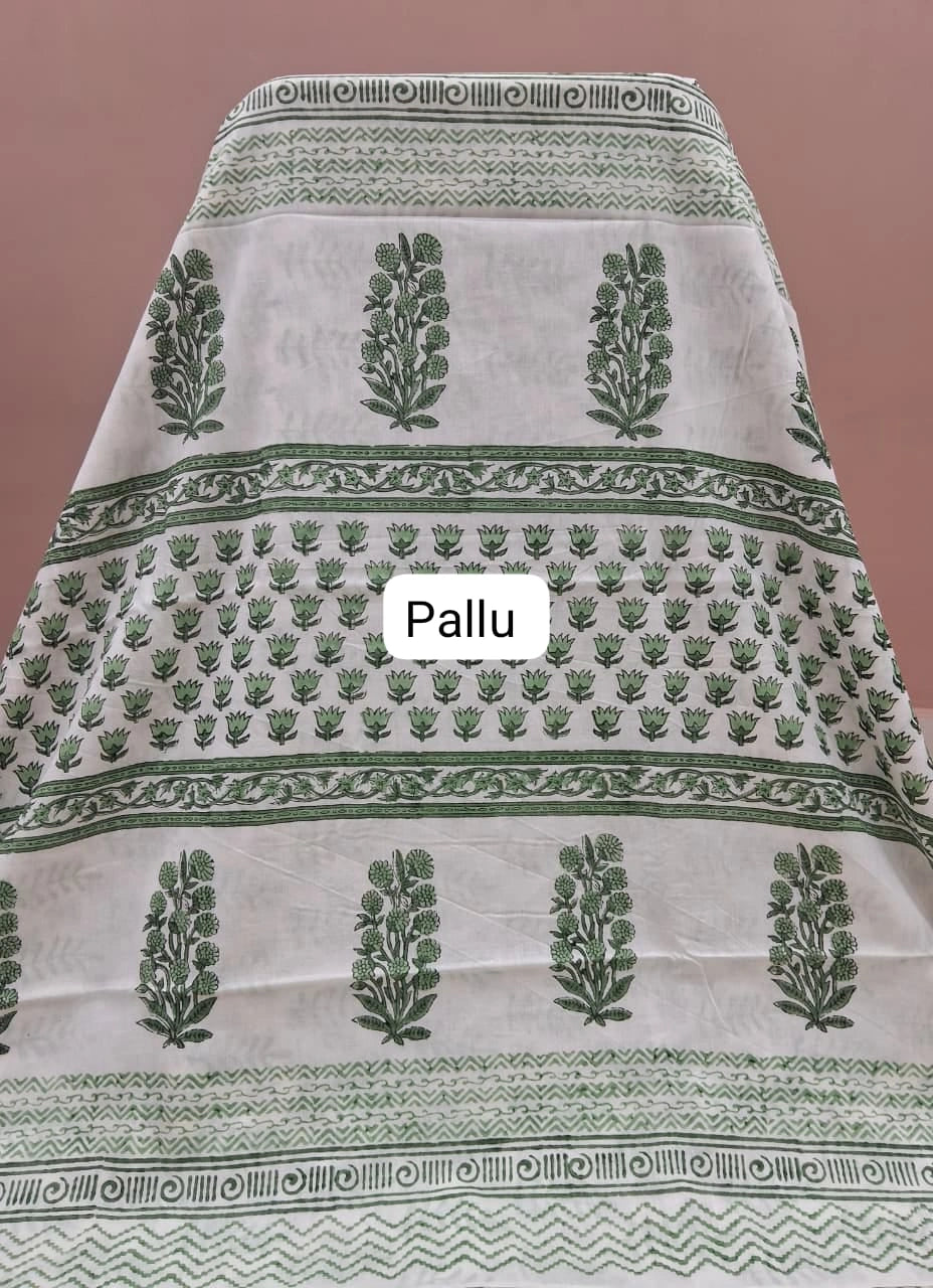White & Sage Green Mulmul Zari Cotton Saree pallu