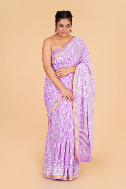 Lavender Mulmul Zari Cotton Saree