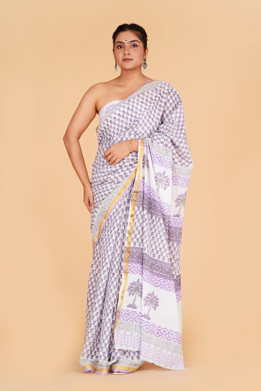 Lavender Palm Motif White Mulmul Zari Cotton Saree