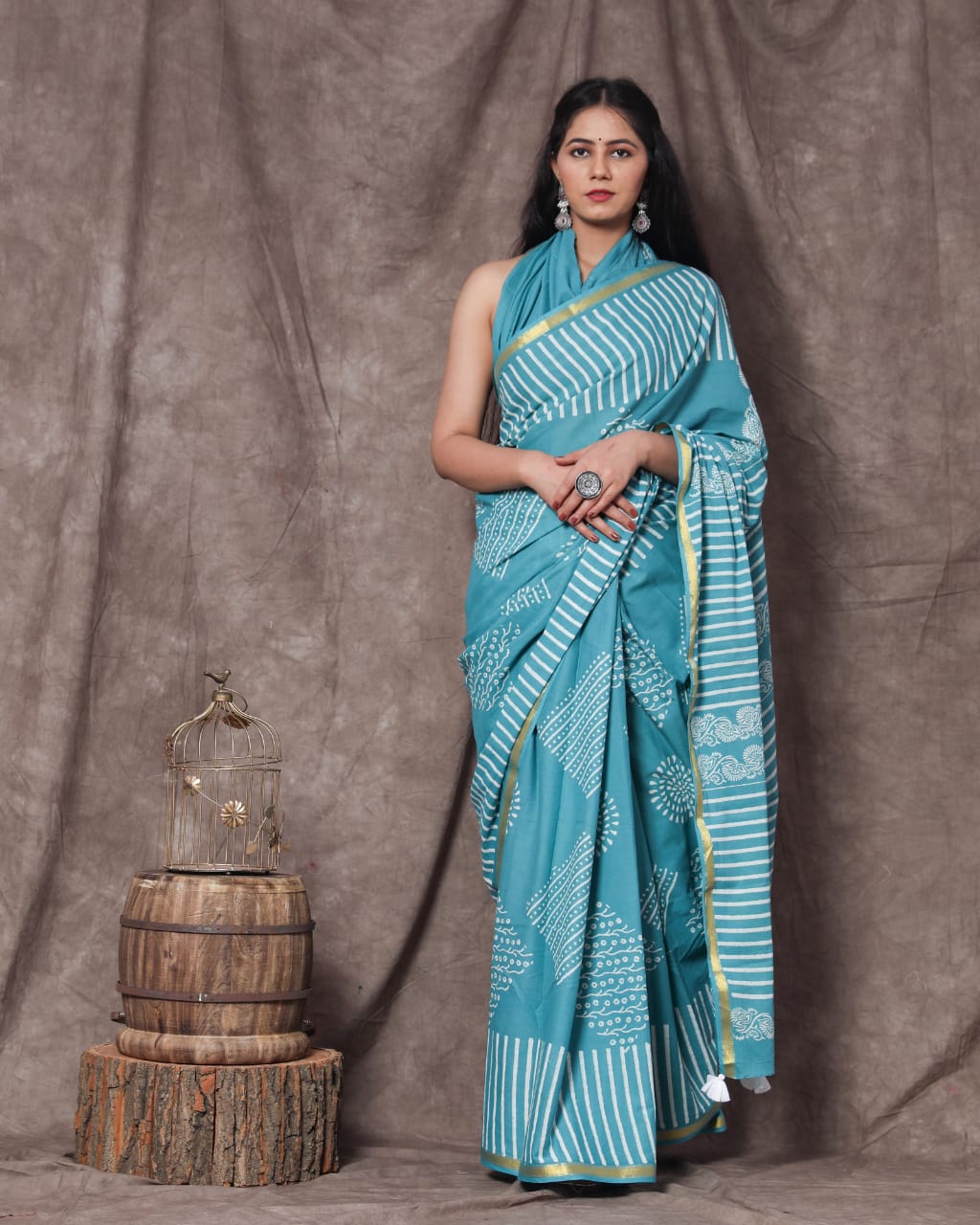 Teal Blue Mulmul Cotton Saree