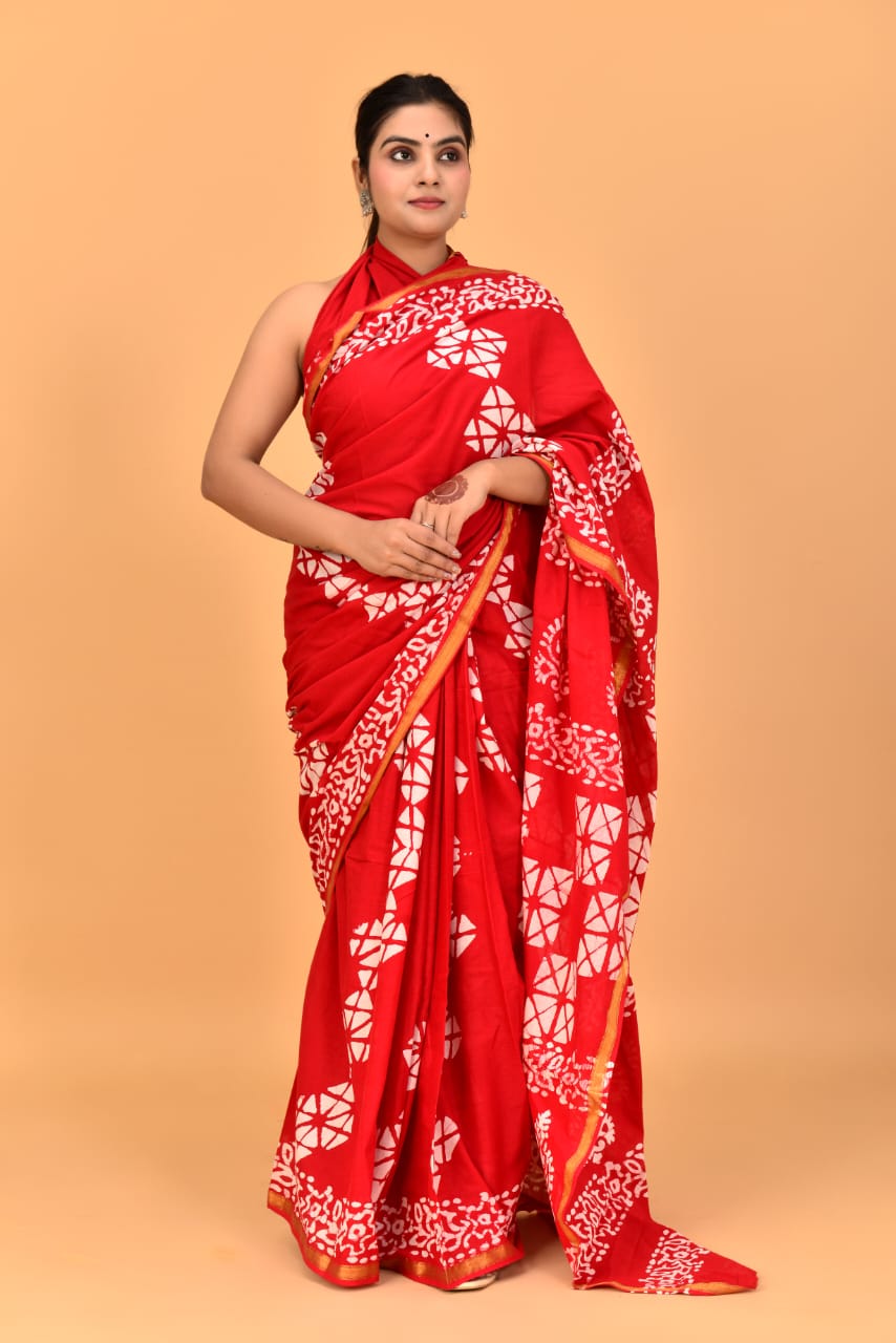 Fire Red Mulmul Cotton Saree 