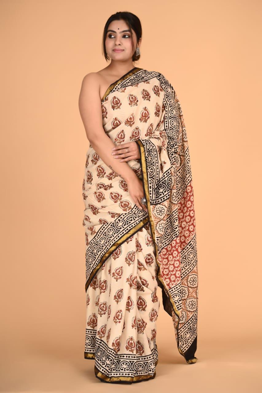 Beige Mulmul cotton Saree 