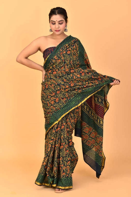 Bottle Green Mulmul Cotton Saree