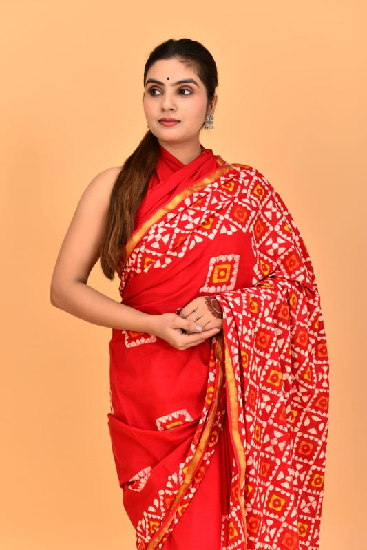 Candy Red mulmul Zari Cotton Saree