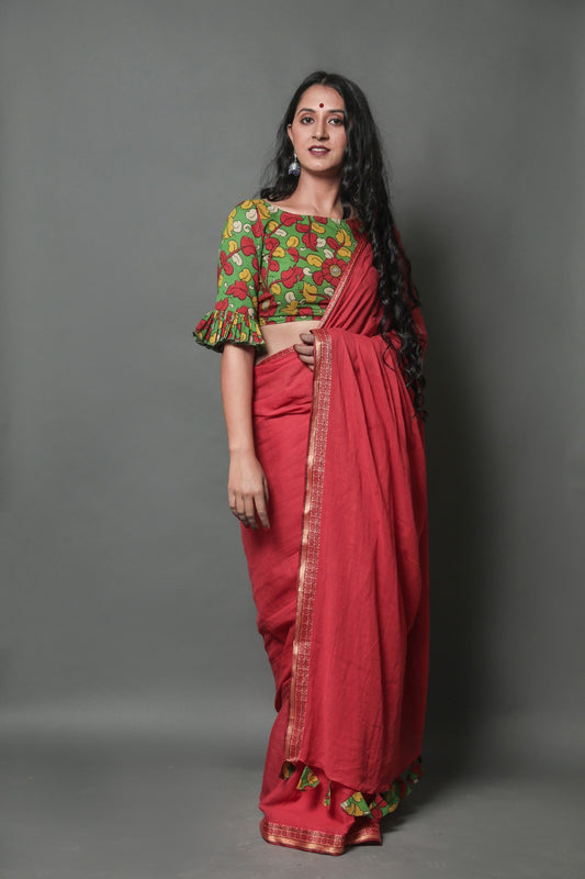 Red Mulmul zari Cotton Saree