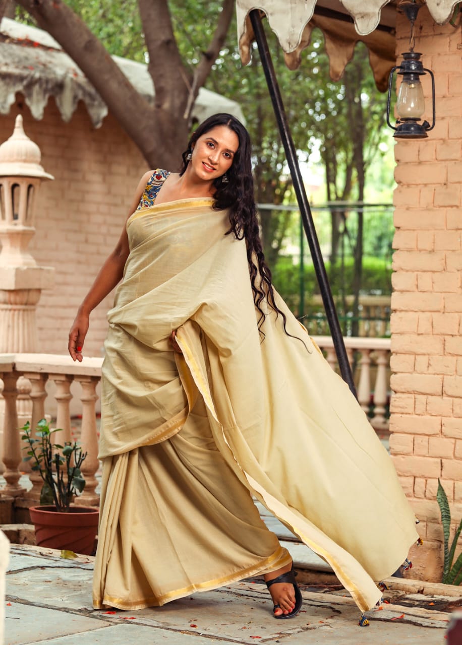 Beige Mulmul zari Cotton Saree 