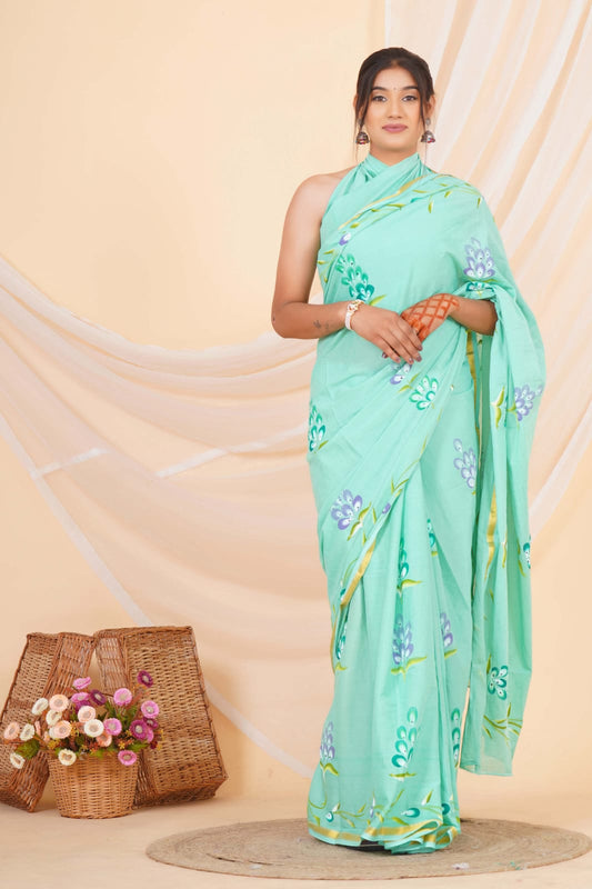 Sea Blue Mulmul zari Cotton Saree 