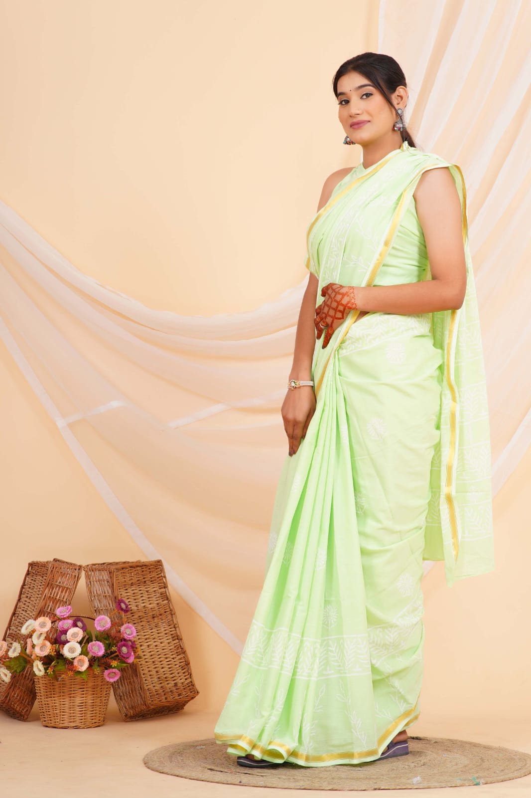 Light Mint Green Mulmul zari Cotton Saree
