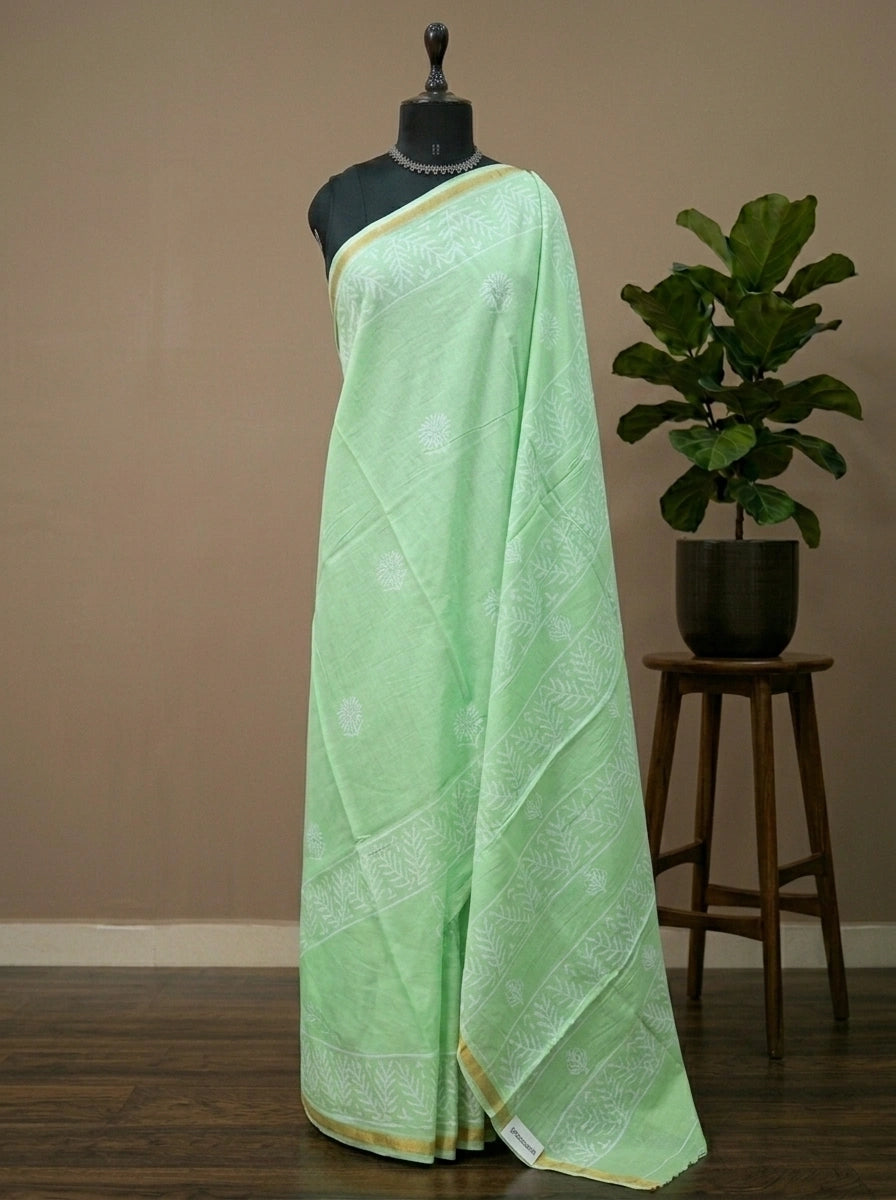 Light Mint Green Mulmul Zari Cotton Saree