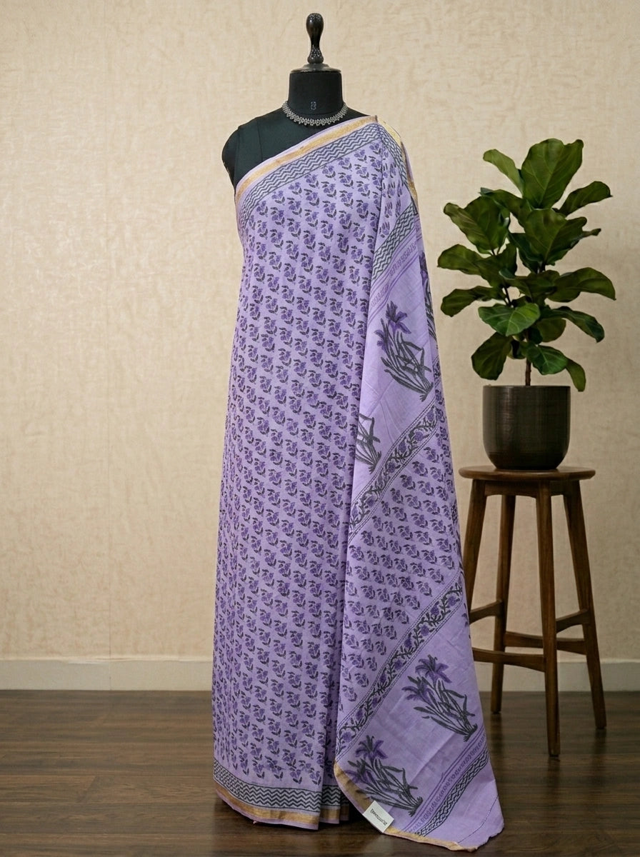 Traditional Lavender Mulmul Zari Cotton Saree