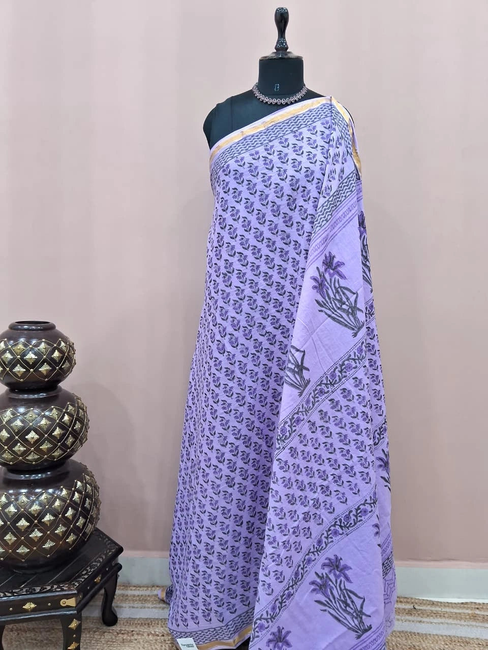 Traditional Lavender Mulmul Zari Cotton Saree